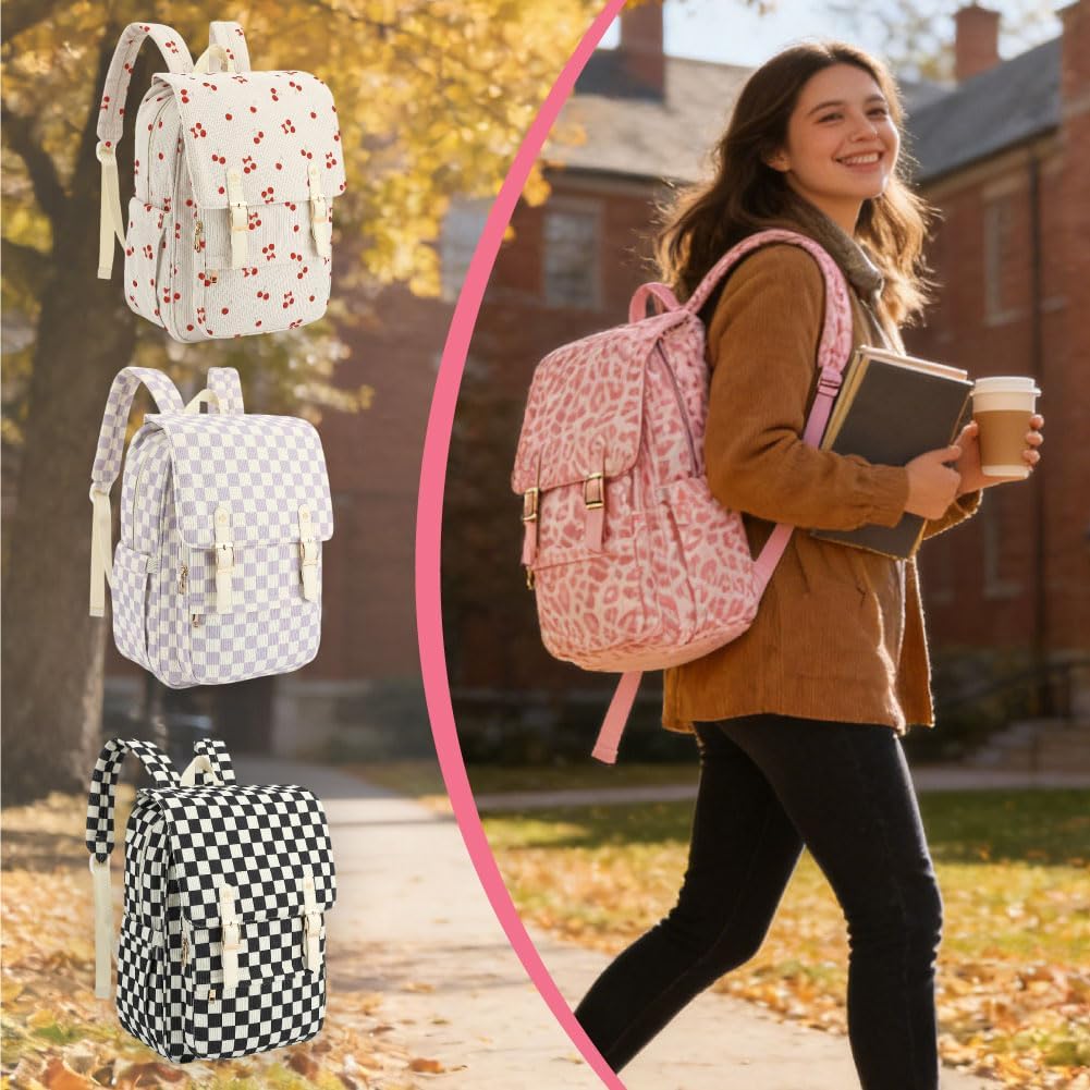 Women Laptop Backpack, Corduroy 15.6" Travel Backpack for Work College Business, Teacher Nurse Bag with Large Capacity School Bookbag Bags for Girls - Leopard Pink