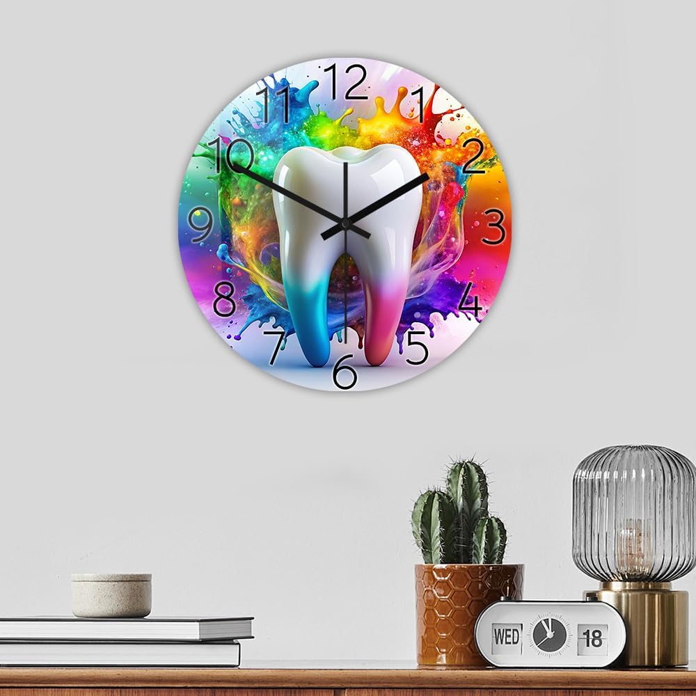 12 Inch Colorful Watercolor Tooth Wall Clock, Dental Care Symbols Dental Clinic Wall Clock Dentistry Tooth Healthy White Teeth Wall Watch Clock Silent Non Ticking Battery Operated for Office