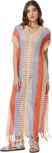 SHOWOFFFF Edition Women's Striped Cream Crochet Longline Top with Fringe Hem-CHN-918_CreamOrange-P