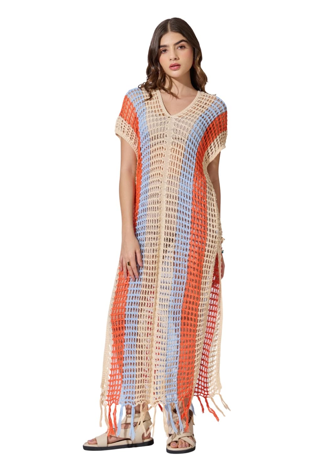 SHOWOFFFF Edition Women's Striped Cream Crochet Longline Top with Fringe Hem-CHN-918_CreamOrange-P - Review, Price and Buying Guide