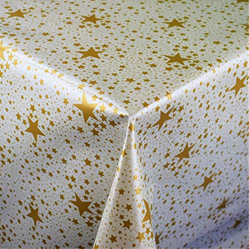 KEVKUS Wachstuch Tischdecke Meterware P226-1 Weihnachten goldene Sterne auf weiß wählbar in eckig rund oval (Rand: Schnittkante (ohne Einfassung), 100 x 140 cm eckig) Cover