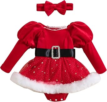 YINGISFITM My First Christmas Baby Girl Outfit Newborn Furry Santa Cute Red Christmas Dress Romper Xmas Clothes