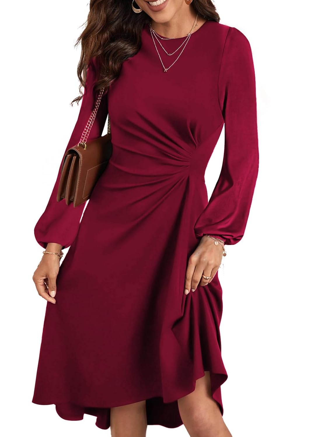 Happy Sailed Womens Long Sleeve Ruched Waist Flowy A Line High Low Midi Cocktail Party Dress