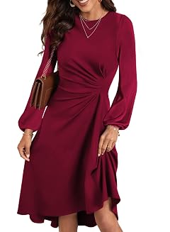 Happy Sailed Womens Long Sleeve Ruched Waist Flowy A Line High Low Midi Cocktail Party Dress