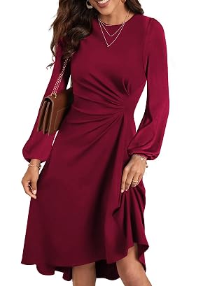 Happy Sailed Womens Long Sleeve Ruched Waist Flowy A Line High Low Midi Cocktail Party Dress