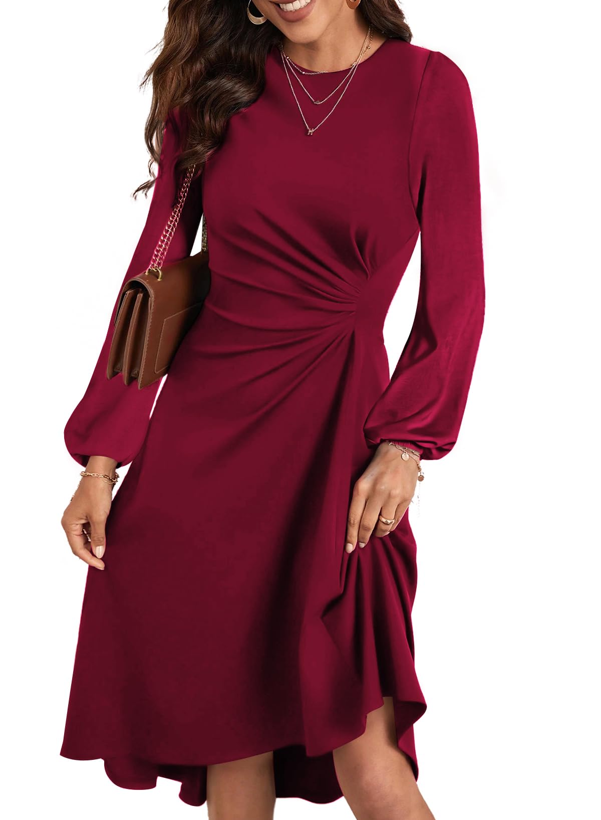 Happy Sailed Womens Long Sleeve Ruched Waist Flowy A Line High Low Midi Cocktail Party Dress