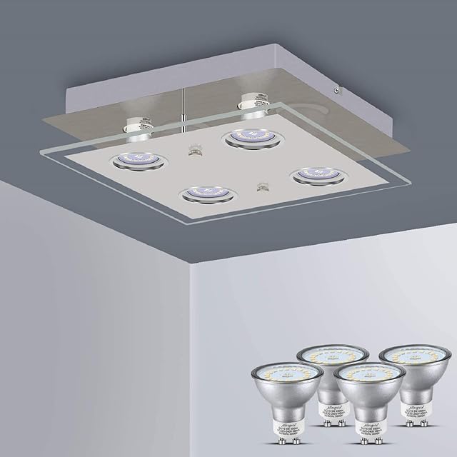 Modern 4 Way Flush Ceiling Light for Living Room Square Kitchen Lights Fitting with GU10 Spot Light Bulbs Cool White Included