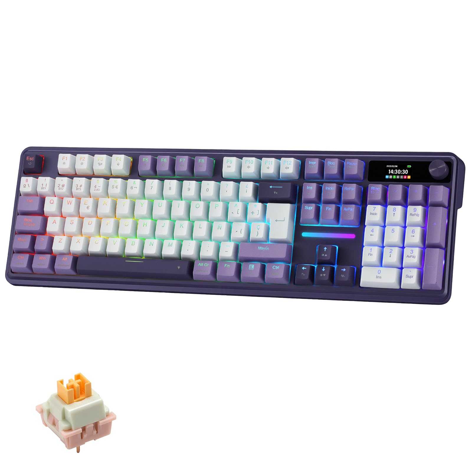 Redragon K762 Pro Teclado Gasket Inalámbrico QWERTY ES Pantalla Perilla | LED de control sencillo, conexión trimodo sin retardo, 5 capas de amortiguación de ruido, interruptor lineal