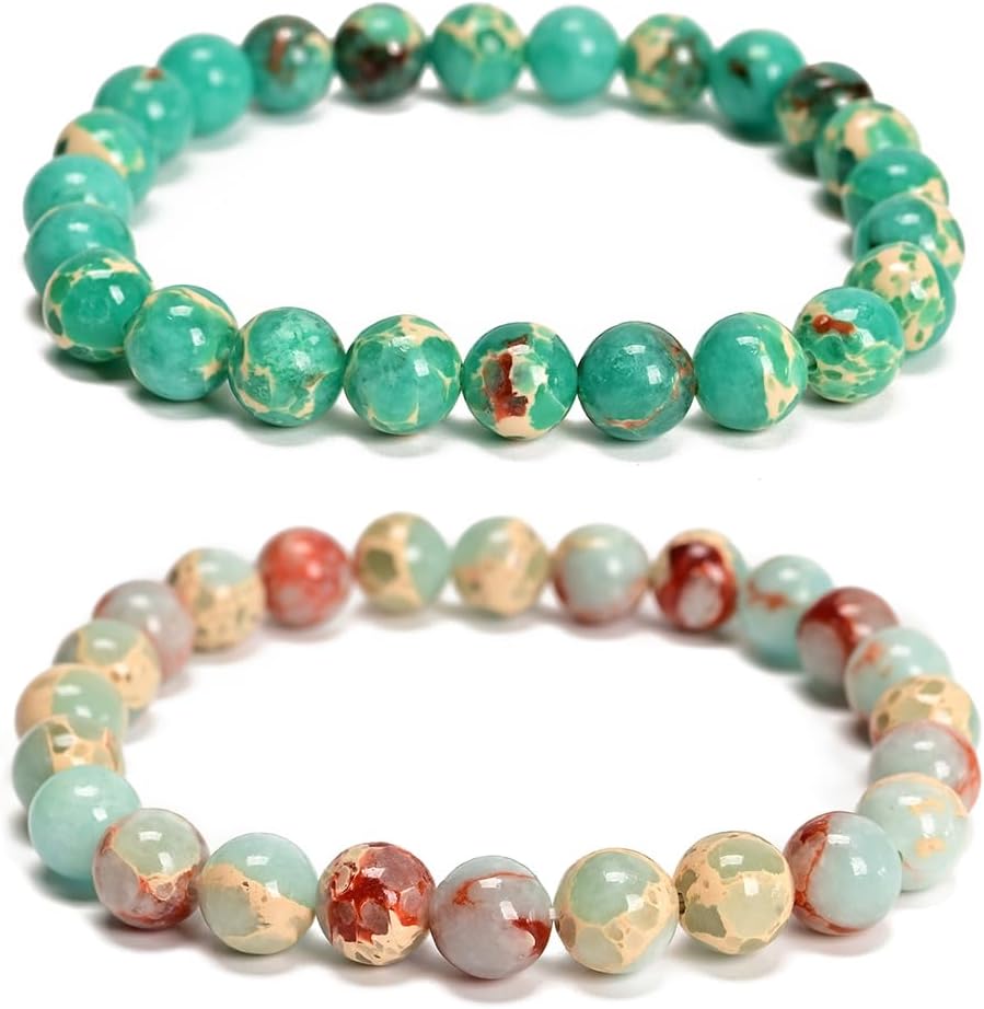 2Pcs Mixed Gemstones Bead Double Protection Bracelet Set-Stone Round Beaded Stretchy Bracelets for Women Men
