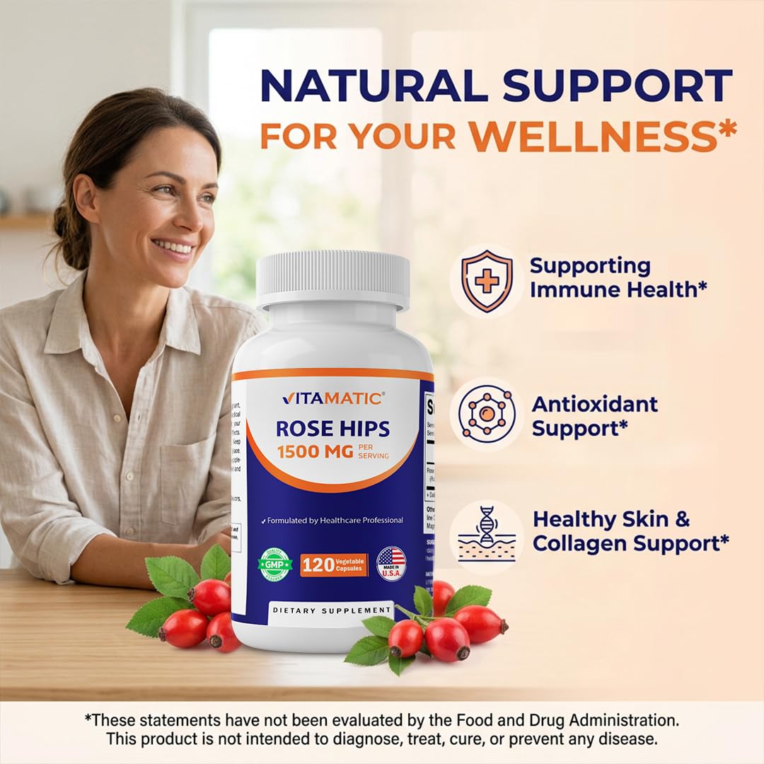 Vitamatic Rose Hips 1500 mg per Serving (Rosa Canina) – 120 Capsules – Non-GMO, Gluten Free Herbal Supplement – Rich in Natural Vitamin C & Antioxidants – Immune Support – Made in USA — Amazon image 6
