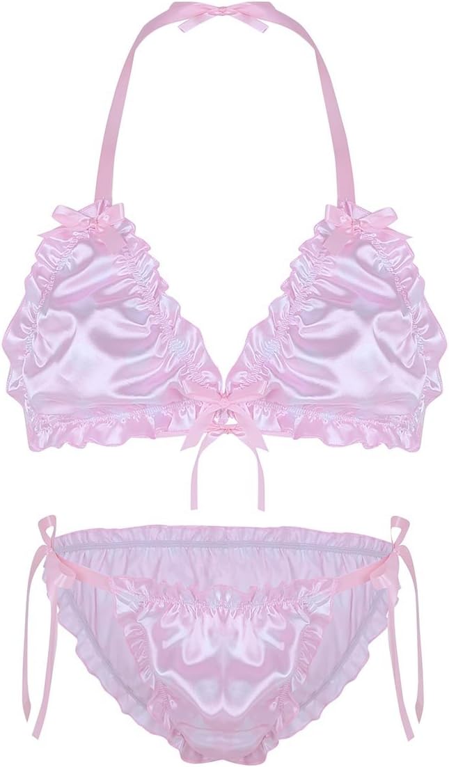 YiZYiF Men's Silky Satin Frilly Print Wirefree Bra Sissy Panties 2 Piece Lingerie Set Pajamas