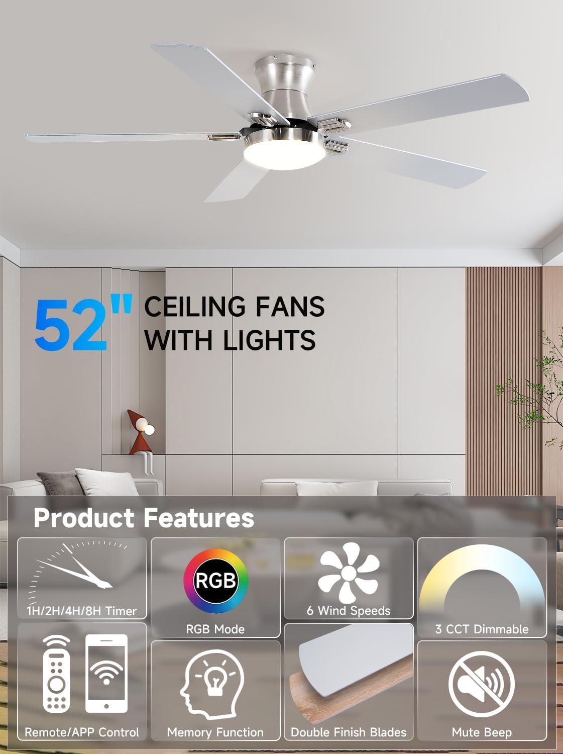 52 Inch Ceiling Fans with Lights, RGB Ceiling Fan with Remote and App,Flush Mount Low Profile, Dimmable 35W LED, Reversible, Smart Ceiling Fan for Bedroom Nursery Living Room Apartment,Nickle