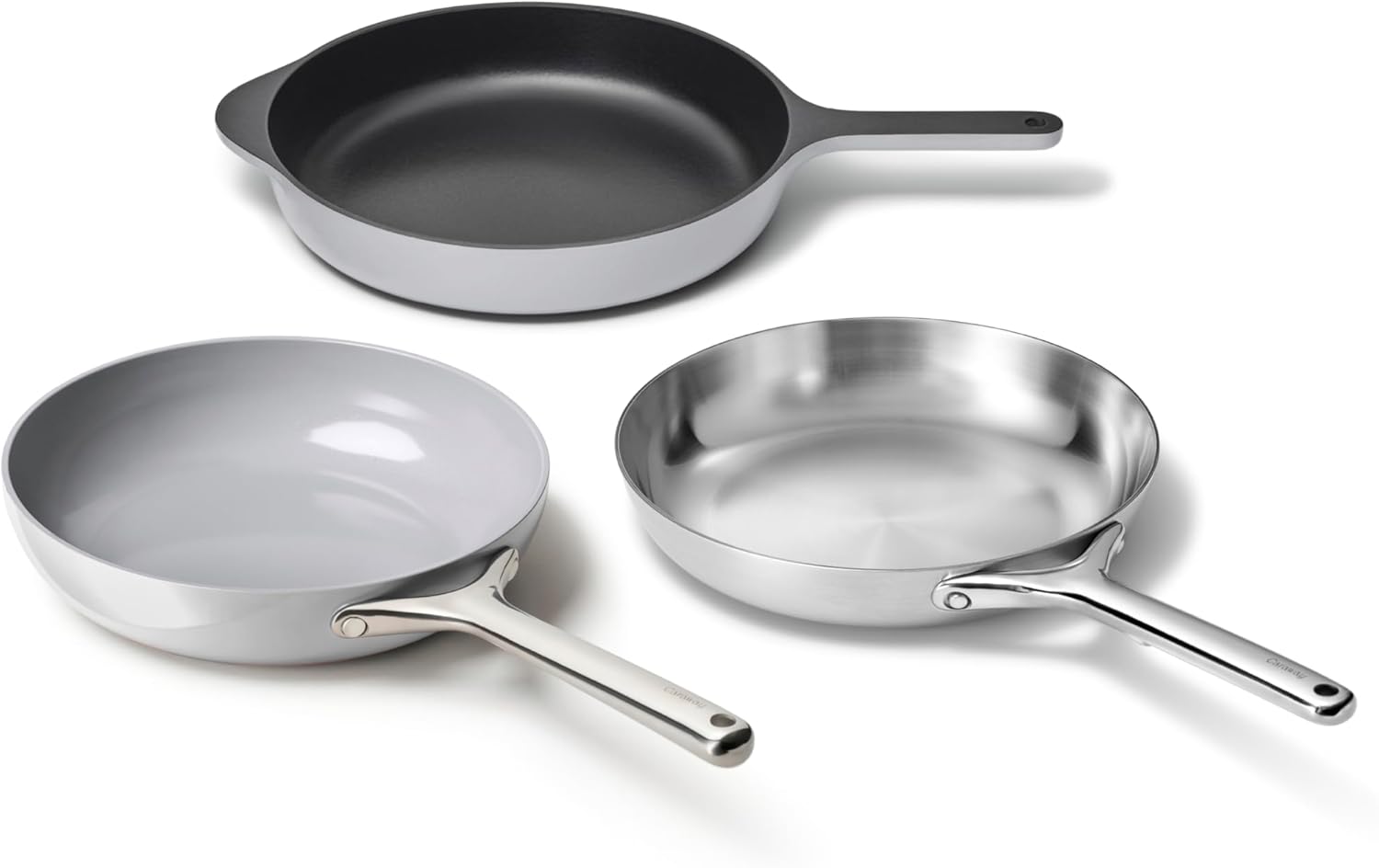 Caraway Fry Pan Sampler Bundle - 10.5" Non-Stick Ceramic Frying Pan, 10.5" Stainless Steel Fry Pan, 10.5" Enameled Cast Iron Skillet - Non Toxic, Oven Safe - Black, Charcoal