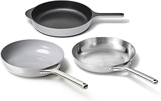 Fry Pan Sampler Bundle - 10.5" Non-Stick Ceramic Frying Pan, 10.5" Stainless Steel Fry Pan, 10.5" Enameled Cast Iron Skillet - Non Toxic, Oven Safe - Gray