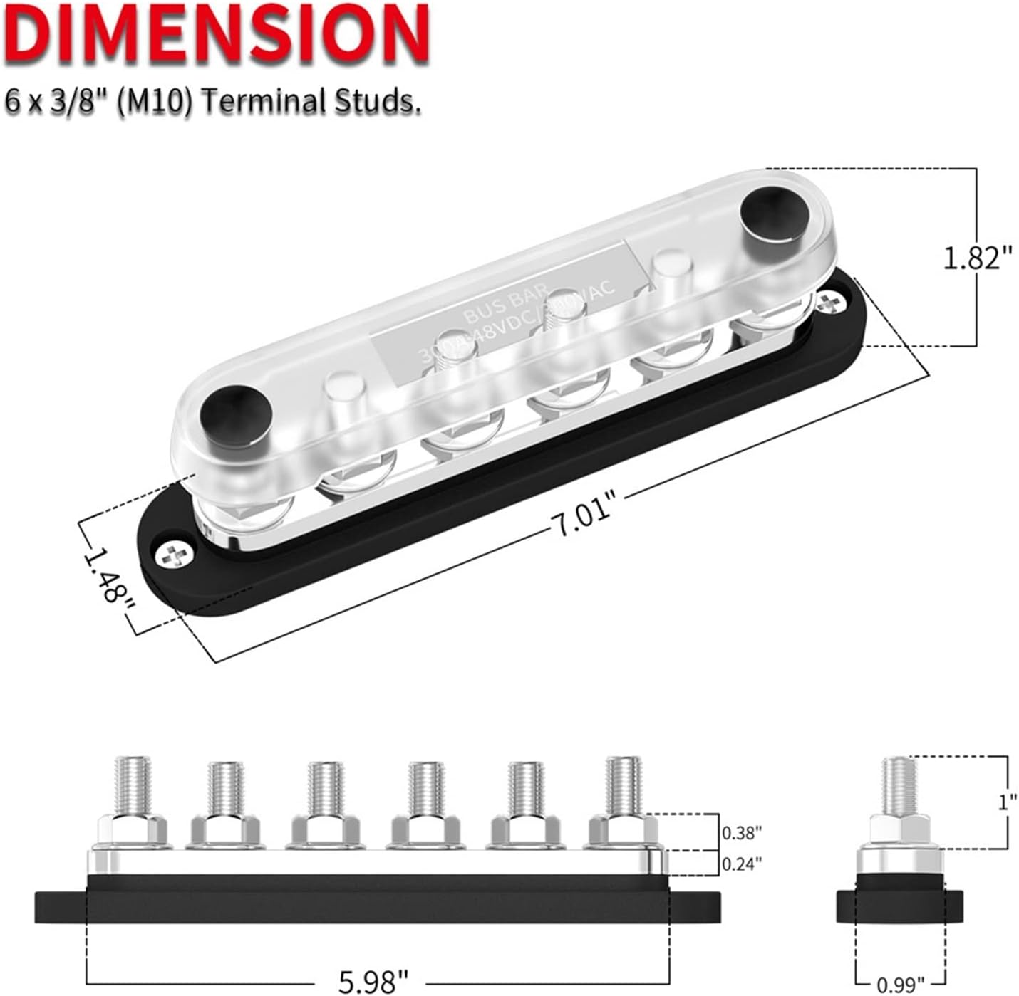 300A Negative Bus Bar 12V Distribution Block M10 Terminal Studs 48V DC Positive Ground Busbar for Automotive Car Boat 1Pcs(Red Color)