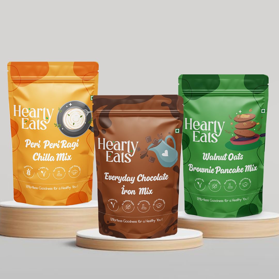 Hearty Eats Breakfast Combo Peri Peri Ragi Chilla Mix, Walnut Oats Brownie Pancake Mix & Everyday Chocolate Iron Mix (225 Grams Each Combo Pack of 3)-image-20
