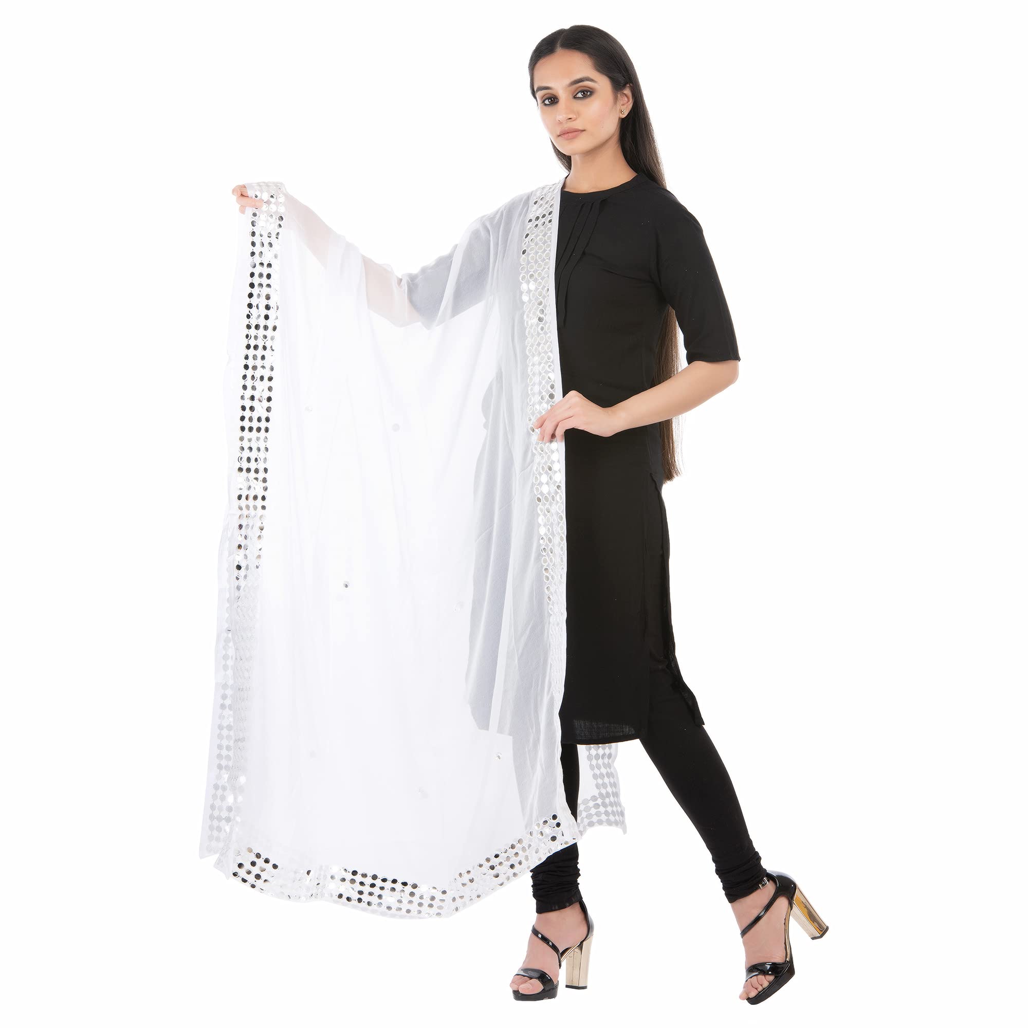 Women's Chiffon Faux Mirror Work Border Dupatta-image-47