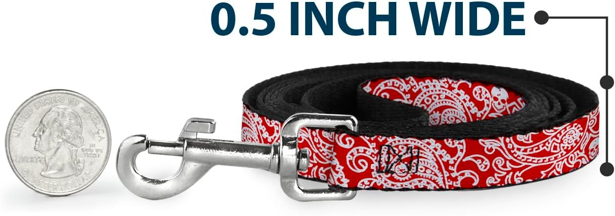 Dog Leash Bandana Skulls Red White 6 Feet Long 1.0 Inch Wide