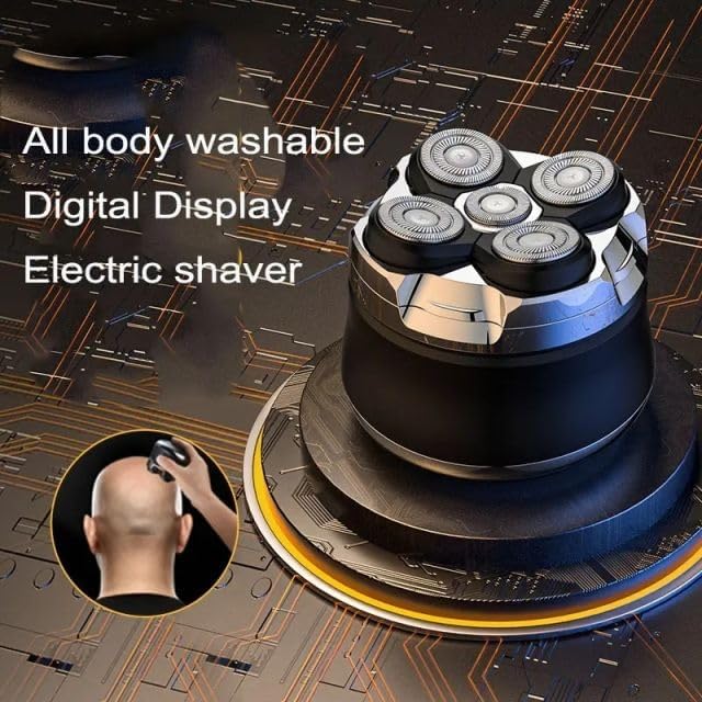 NAWAZJEE 5D Detachable Magnetic Head Shaver with text indicating 'All body washable, Digital Display, Electric shaver' and a man shaving his bald head.