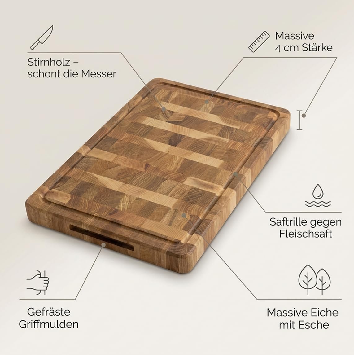 Massives Stirnholz Schneidebrett aus Eiche 44x29x4 cm – Extra Dickes Hackbrett mit Saftrille, Profi Küchenbrett für Fleisch, Holz Schneidebrett