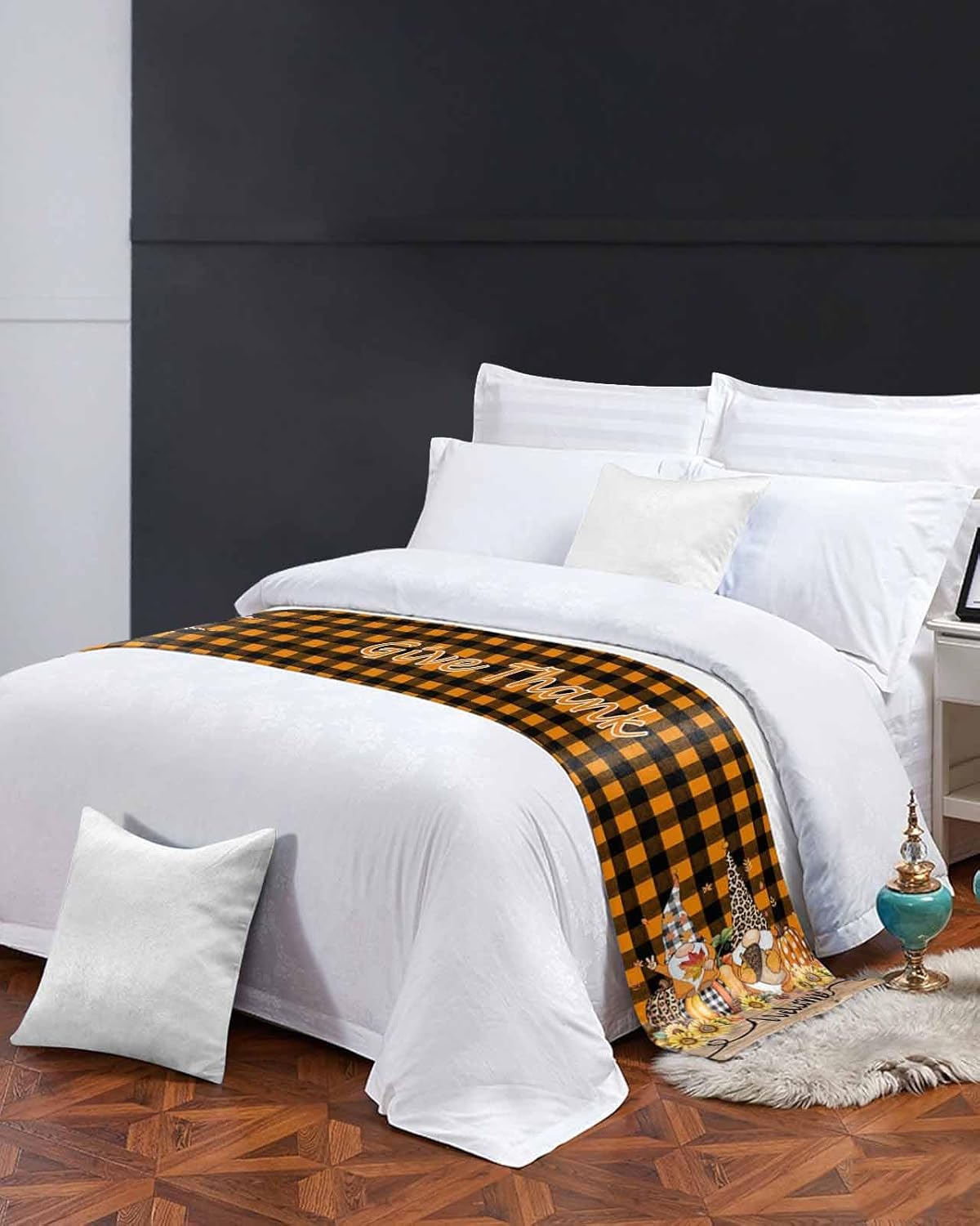 Thanksgiving Bed Runner Scarf Fall Maple Leaf Gnome Thanksgiving Day Black Orange Plaid Bedding Scarf Decorative Bed Runner for Bedroom Hotel Wedding Room Bed Scarf for Foot of Bed Queen 83x20in