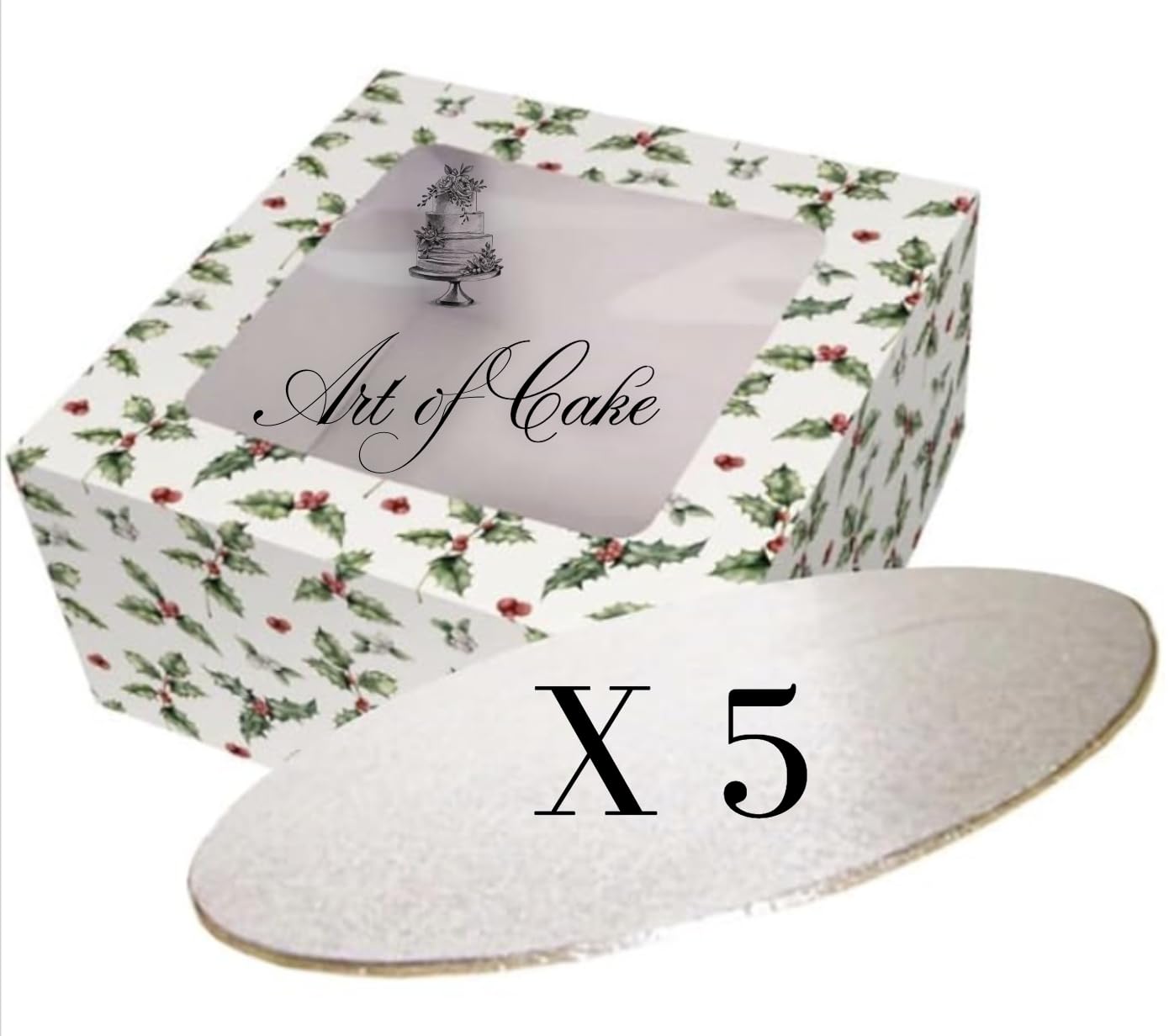 Art of Cake® Christmas Holly Cake Box (6 x 6 x 4") with Silver Board Single (2-3 mm Thick) 5 Pack 6"