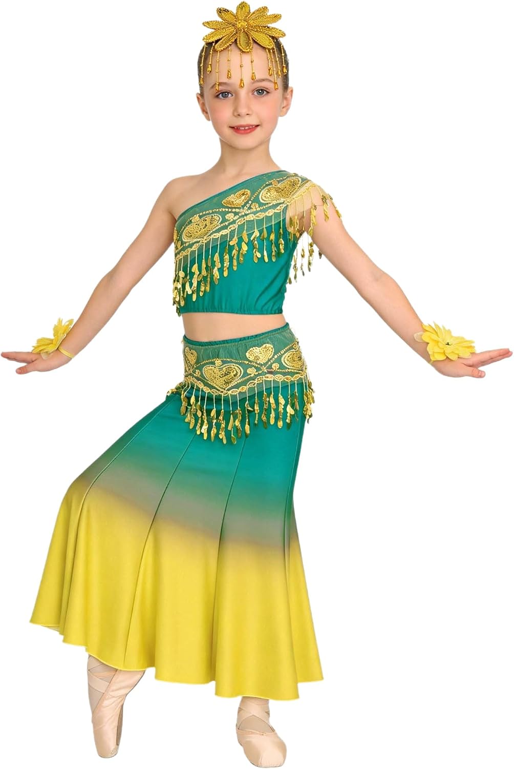 TiaoBug 4Pcs Girls Peacock Dance Suit Skirt Sequins Tassels Crop Top Hair Clip Wrist Band Set