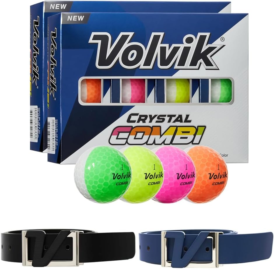 Volvik New Crystal Combi Dual Color Golf Balls Bundle with Genuine Italian Real Solid Leather Belt, Unisex