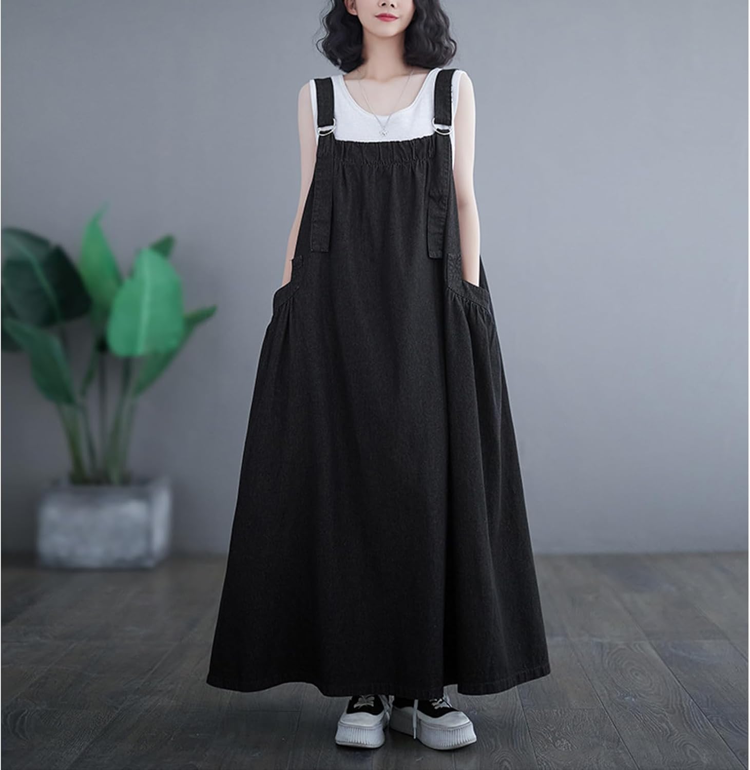 Denim Jumper Dress for Women Maxi Loose Adjustable Straps Long Jean Dresses Plus Size Overall Dress with Pockets - Image 2