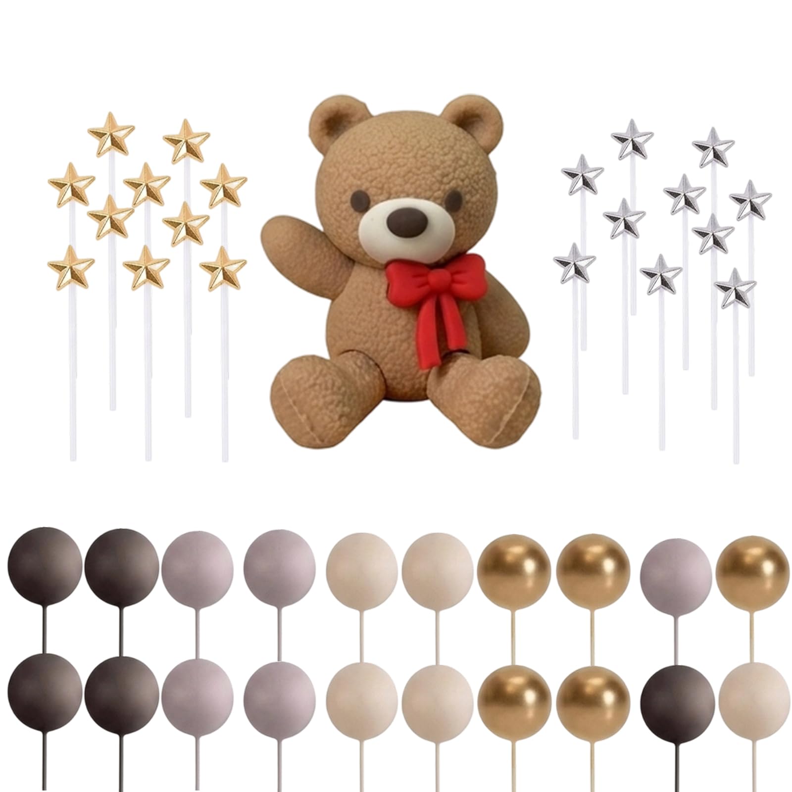 41 PCS Bear Cake Toppers, Teddy Bear Cake Topper Set with Golden Silver Stars and Decorative Balls, Boho Style Cake Decorations for Birthday Celebrations and Party Events
