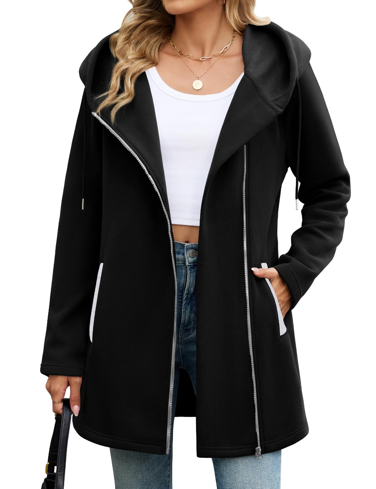 Sweat à Capuche Femme Zippé Veste Polaire Mi Saison Sweatshirt Manches Longue Hoodie Chic Manteau Printemps Automne Casual Sweats avec Poches