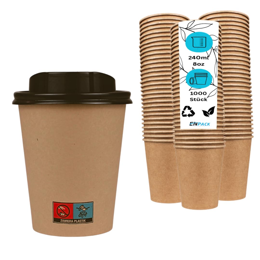 Enpack 1000 Kaffeebecher braun mit Deckel 80mm - einweg kaffeetassen mit 200ml/8oz Füllmenge - Hitzebeständige to Go Becher - Recycelbare cafe to go becher für Kaffee/Tee/Kakao -Kraftpapier