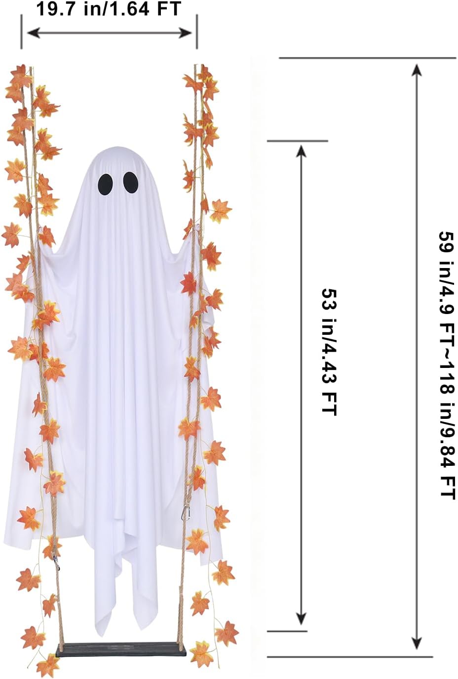 4.4 FT Swinging Ghost Halloween Decor - Outdoor Halloween Decorations with Ghost on A Swing for Outside Garden Yard Porch Tree, Hanging Large Spooky Cute Ghosts with String Lights for Indoor Party