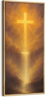 MUDECOR Extra Large Framed Canvas Print Wall Art Radiant Golden Cross with Light Waterfall Vertical Christian Antique Ready to Hang Painting for Living Room Bedroom Multi-Sizes - 60"x30" Natural