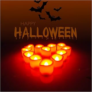 Set of 12 Orange LED Tea Lights Battery Operated Flameless Candles Flickering Electric Fake Tealight Candle Bulk for Pumpkin Lanterns Halloween Party Fall Decorations Home Décor, Batteries Incl.