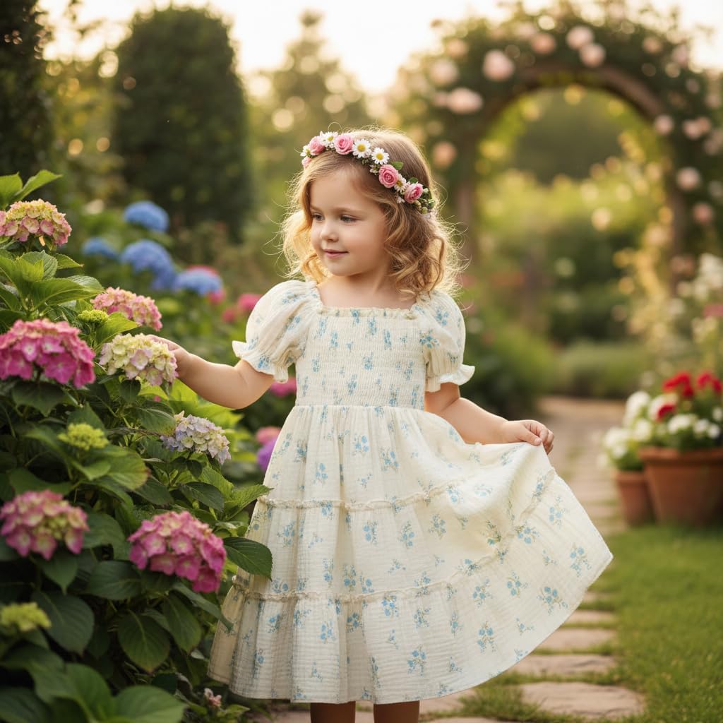 Toddler Girl Dress Short Sleeve Kids Floral Smocked Square Neck Beach Sundress | Summer Fashion Dresses 2-7Y image 4