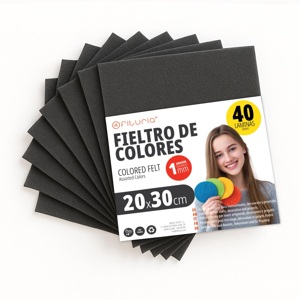 OFITURIA Bastelfilz für DIY-Projekte, Bunte Filzstoffe für Patchwork, Nähen, Schule, Kunst und Dekoration 20x30cm (Schwarz, 40 Stk)