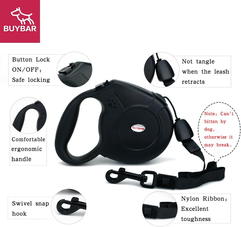 BUYBAR Eco-Friendly Retractable Nylon Dog Leash with One Button Lock and Ergonomic Hand Grip, Large, Black