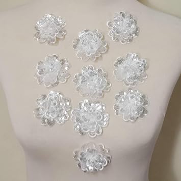Rose Sequin Embroidered Three-Dimensional Lace Collar Flower Corsage Neckline DIY Applique Clothing Patch Lace Accessories 10 Pc Small White