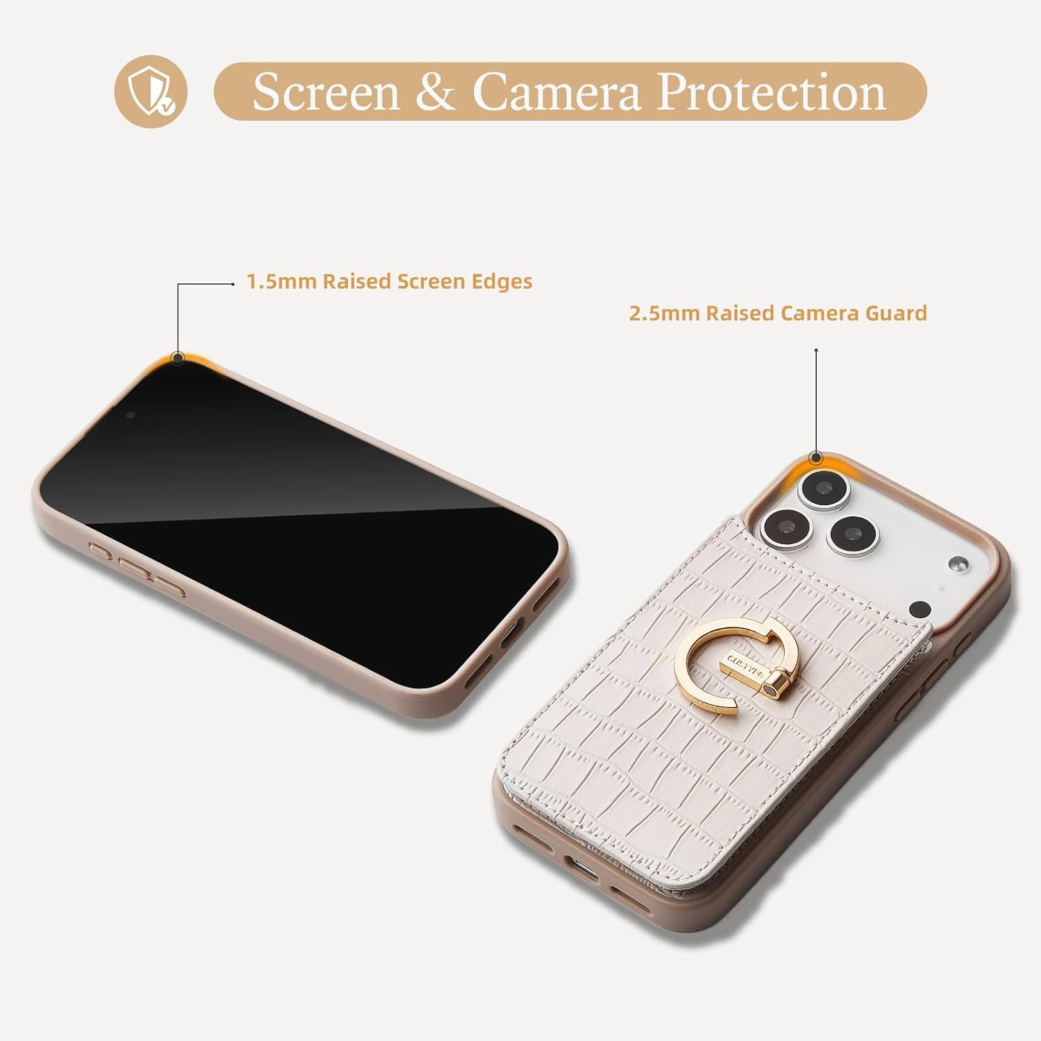 CUSTYPE Compatible with iPhone 17 Pro Wallet Case with Card Holder,180°Ring Holder Kickstand Card Slots Case,PU Leather Protective Case for iPhone 17 Pro 6.3inch-Beige