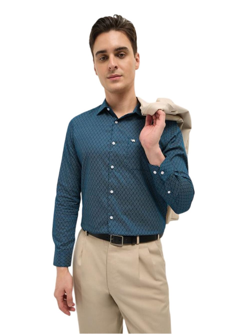 THE BEAR HOUSE Men’s Blue Tailored Fit Full Sleeve Cotton Printed Shirt