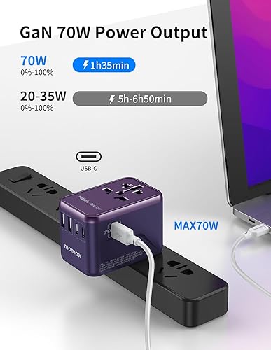 Miniatura 2 de MOMAX Adaptador de viaje universal adaptador de enchufe de viaje GaN de 65 W con enchufes UKEUAUUS cargador adaptador internacional 3USB-C PD y
