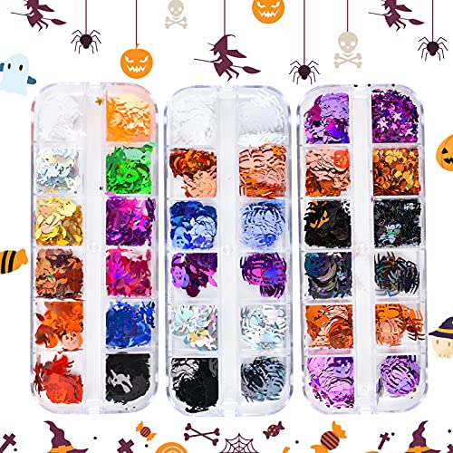 Chnaivy Halloween Nail Art Glitter Sequins, Laser Nail Flakes ,Art Craft Glitter, Body Glitter, for Nails Design Halloween Party Makeup, 3D Holographic Skull Spider Pumpkin Bat Ghost Witch Shape