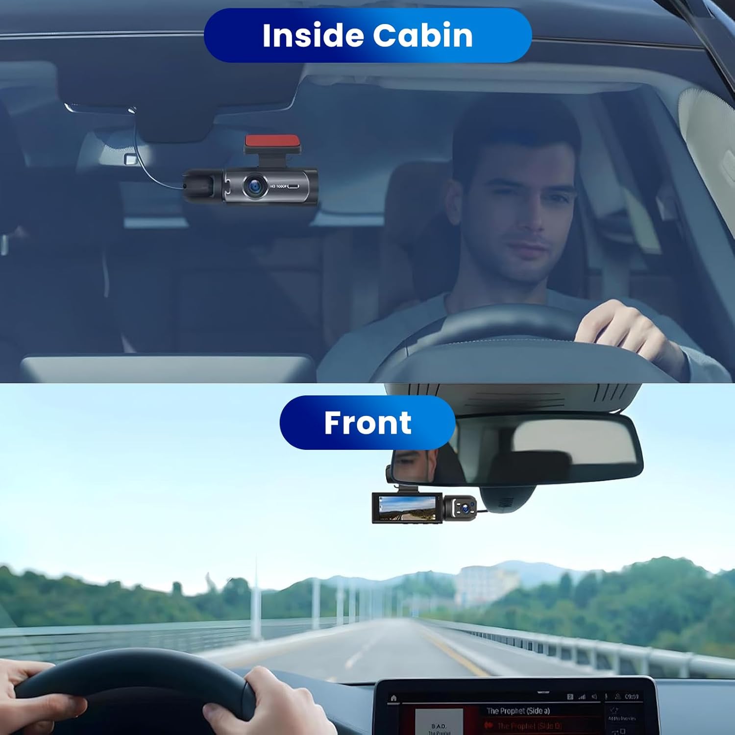Two views of the dashcam installed: one showing the interior camera view from inside the cabin, and another showing the front camera view from the driver's perspective.