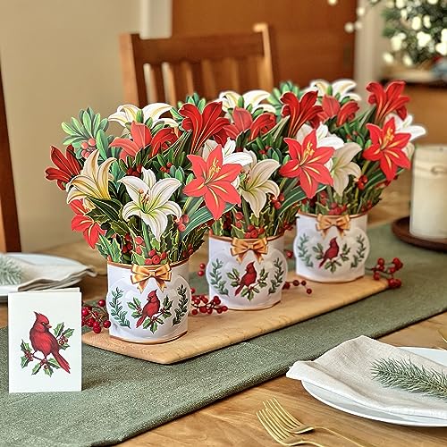 Freshcut Paper Pop Up Cards, Winter Joy, 12 Inch Life Sized Forever Flower Bouquet 3D Popup Greeting Cards, Christmas Card, Holiday Card, Blank Notecards & Envelopes, Pack of 3