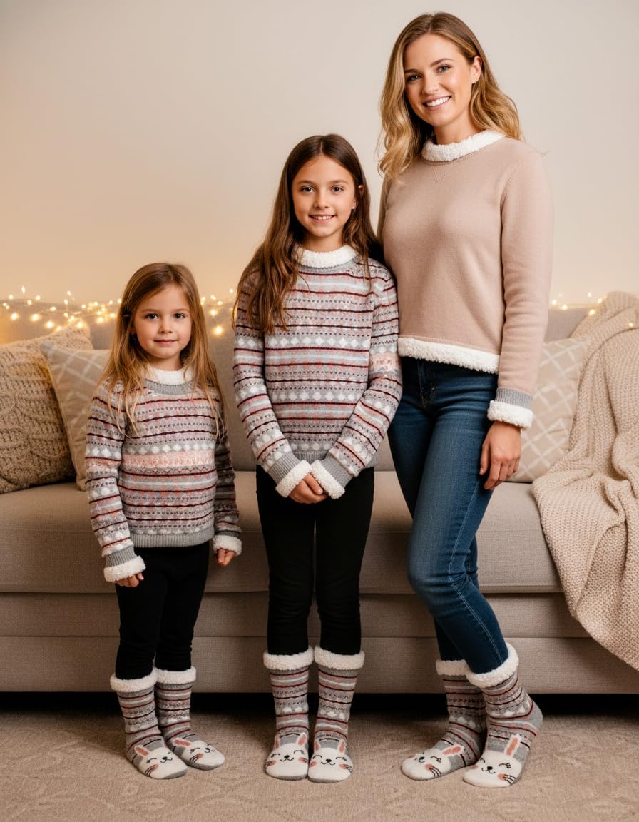 cosyone1997 Fuzzy Slipper Socks for Women Kids with Grips, Warm Sherpa Lined, Non-Slip Cozy Animal Winter Socks - Image 2