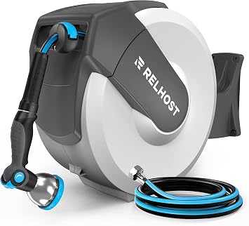 Relhost Retractable Garden Hose Reel, 5/8 in x 65 ft Wall Mount Heavy Duty Hose Reel with Any-Length Lock, Auto Rewind System, 180 Swivel Bracket, and 10-Pattern Nozzle for Garden, White & Grey