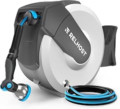 Relhost Retractable Garden Hose Reel, 1/2 in x 65 ft Wall Mount Heavy Duty Hose Reel with Any-Length Lock, Auto Rewind System, 180° Swivel Bracket, and 10-Pattern Nozzle for Garden, White &Grey
