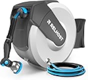 Relhost Retractable Garden Hose Reel, 1/2 in x 100 ft Wall Mount Heavy Duty Hose Reel with Any-Length Lock, Auto Rewind System, 180° Swivel Bracket, and 10-Pattern Nozzle for Garden, White & Grey