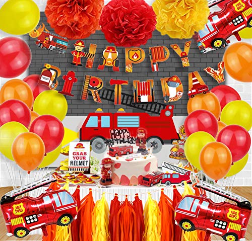Fire Truck Party Supply - Firefighter Happy Birthday Banner, Fire Truck Foil Balloon, Orange Yellow Red Paper Pom Poms Balloons, Kids Boys Fireman Bday Party Decorations #TOP5